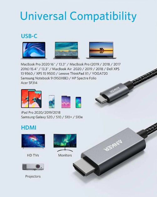 كيبل أنكر USB-C إلى HDMI مضفر مقاس 1.8 متر كيبل أنكر USB-C إلى HDMI مضفر مقاس 1.8 متر